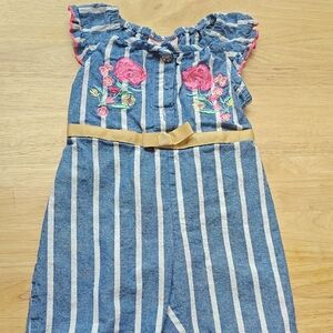 Little Lass Blue and White Striped Dress with Pink Floral Embroidery and Tan Bow